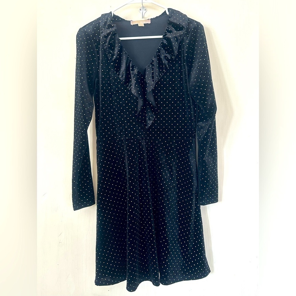 Michael Michael Kors black velvet ruffled collar dress gold polka dots small